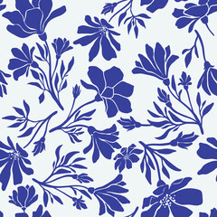 Seamless floral vector laconic blue and white handmade ink drawing for fabric design, decor, ceramics, greeting cards, flowers, texture print on a gray background