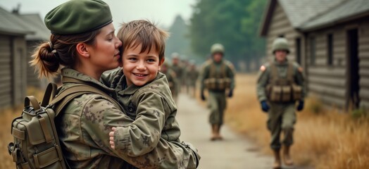 Army woman soldier hugs son. Military mom in uniform holds child. Family togetherness. Patriotism. US armed forces. Caucasian ethnicity. Childrens day. Happy veteran. American soldier.