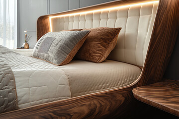 Luxury bed system with wooden elements.