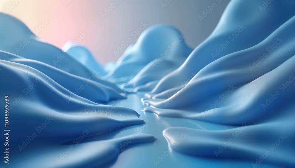 Poster Abstract 3D fluid shapes light pastel blue Background. Futuristic wavy liquid wallpaper. Three dimensional colorful motion light texture. Smooth digital tech render. Soft glossy dynamic metallic