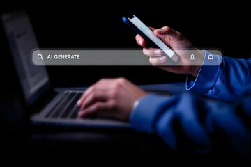 AI, Artificial Intelligence Technology Concept. A person interacting with AI to generate images, videos, and text using web-based tools, AI prompts, chatbots, and generative art applications
