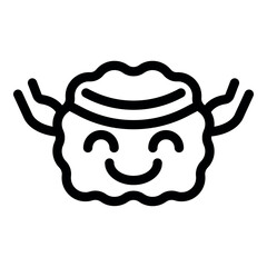 Cartoon character with a smiling face, wearing a hat and raising hands, expressing happiness and joy