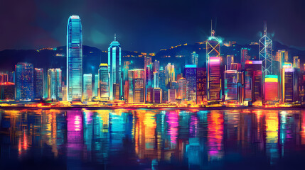 Obraz premium Neon cityscape of hong kong at night. Vivid Urban Jungle. Illustration