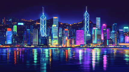 Naklejka premium Neon cityscape of hong kong at night. Vivid Urban Jungle. Illustration