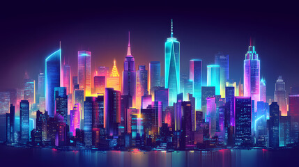 Fototapeta premium Neon cityscape night aerial view. Vivid Urban Jungle. Illustration