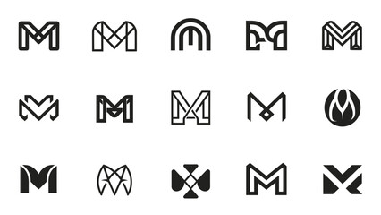 Collection of modern minimalist initial letter M logos on solid white background