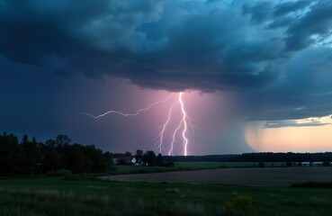 Lightning strikes farmland in Sweden. Dramatic storm clouds fill sky. Bright flash illuminates rural landscape. House sits in field. Nature power scene.