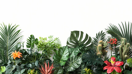 Fototapeta premium Lush tropical plants and cacti arranged in a modern minimalist setting vivid colors against a stark white background. Vivid Urban Jungle. Illustration