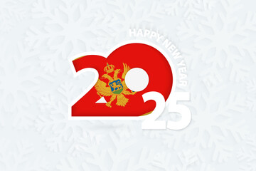 New Year 2025 for Montenegro on snowflake background.