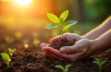 Woman plants small tree seedling sunset. Hands hold young plant soil. Eco concept. Agriculture sustainability. New life growth. Spring planting farm. Rural scene. Volunteer works. Earth care.