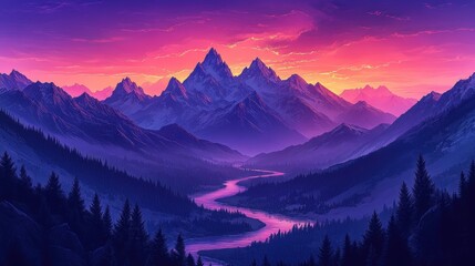 Obraz premium A serene mountain landscape at sunset with a flowing river and trees.