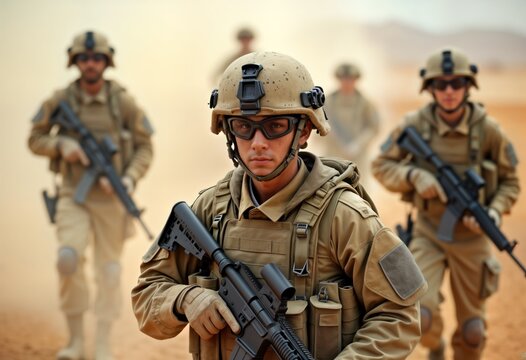 US Marines patrol desert battlefield. Soldiers wear helmets tactical gear. Military operation in sandy terrain. Armed troops conduct combat mission. Warfare action scene.