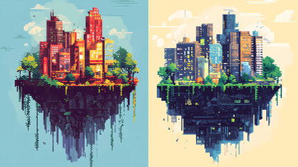 Obraz premium pixelated gaming worlds flat design side view retro aesthetics theme cartoon drawing vivid. Vivid Urban Jungle. Illustration