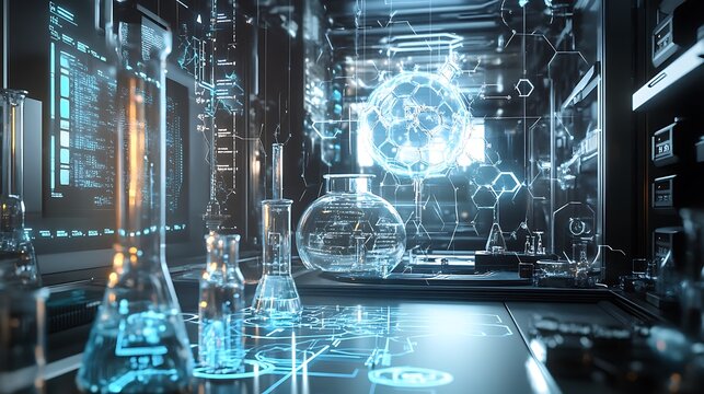 A futuristic chemistry lab with digital tools for optimizing chemical reactions and studying material properties