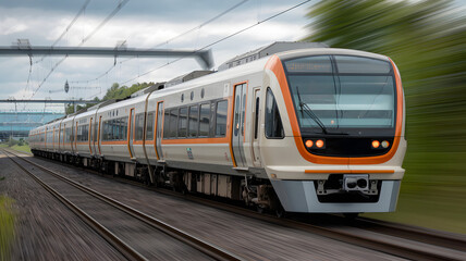 Naklejka premium Modern train travels along rail track in a scenic landscape during overcast weather