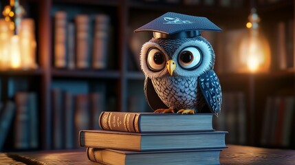 Adorable cartoon owl with graduation cap, sitting on books, turquoise background, knowledge theme