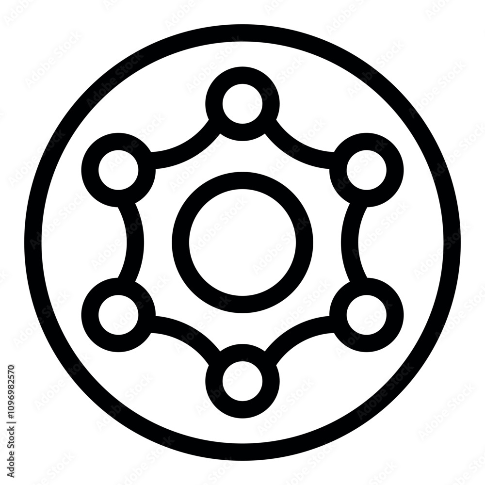 Poster interconnected nodes within a circular hub symbolize global communication and network connectivity