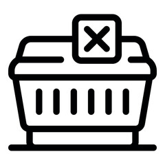 Simple black and white illustration of an empty shopping basket with a crossed sign on top, representing the rejection of consumerism