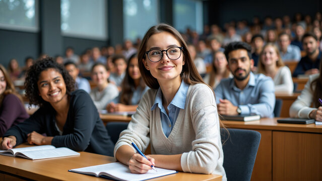 Diverse students attending university lecture in sunlit amphitheater - Generative AI