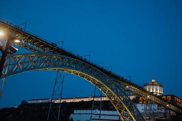 Mosteiro da Serra do Pilar in Vila Nova de Gaia at dusk, after sunset showcasing the Dom Luís I Bridge over the Douro River between Porto and Gaia
