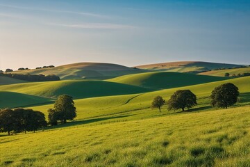 Fototapeta premium Tranquil Countryside Scenery with Lush Rolling Hills and Serene Natural Beauty