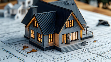 3D House Model Illustration on Blueprint