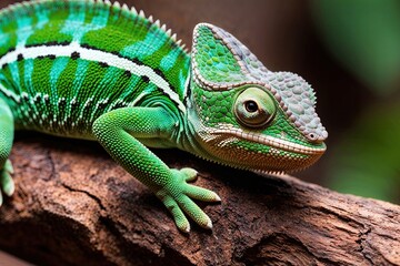 Fototapeta premium Detailed Image of a Bright Green Chameleon in Its Natural Forest Habitat