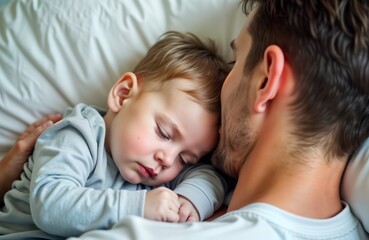 Closeup of sleeping toddler boy. Father gently holds son. Child rests peacefully on dads chest. Sweet bonding moment. Family love. Childhood innocence.