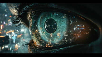 Close-up of an eye reflecting a vibrant cityscape, blending organic detail with futuristic digital elements, evoking a sense of wonder.