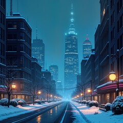 Naklejka premium Snowy city street at night. Buildings illuminated. Tall skyscrapers. Winter urban landscape. Calm road. Empty street. Christmas atmosphere. Dark blue sky. Night city view. Snow on ground. City