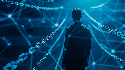 Businessman in blockchain cryptocurrency concept.
