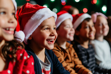 group of happy kids in santa hats watching christmas performance in a theater