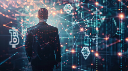 Businessman in blockchain cryptocurrency concept.