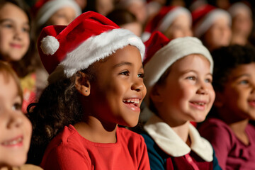 group of happy kids in santa hats watching christmas performance in a theater