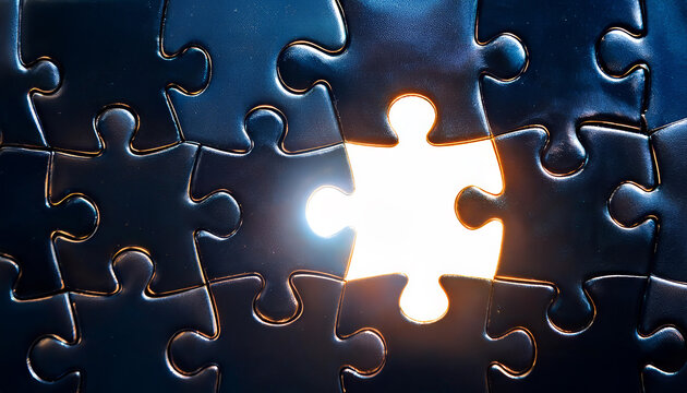 Bright light shining through missing piece in dark jigsaw puzzle, symbolizing problem solving, solution finding, and innovative thinking