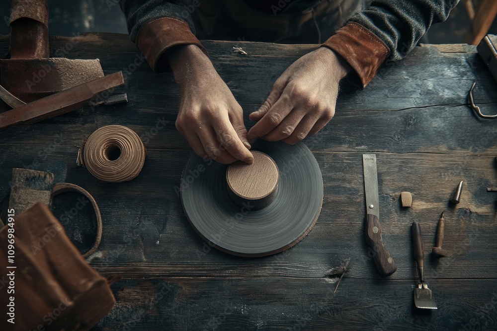 Poster a potter skillfully shaping clay on a wheel in a workshop.