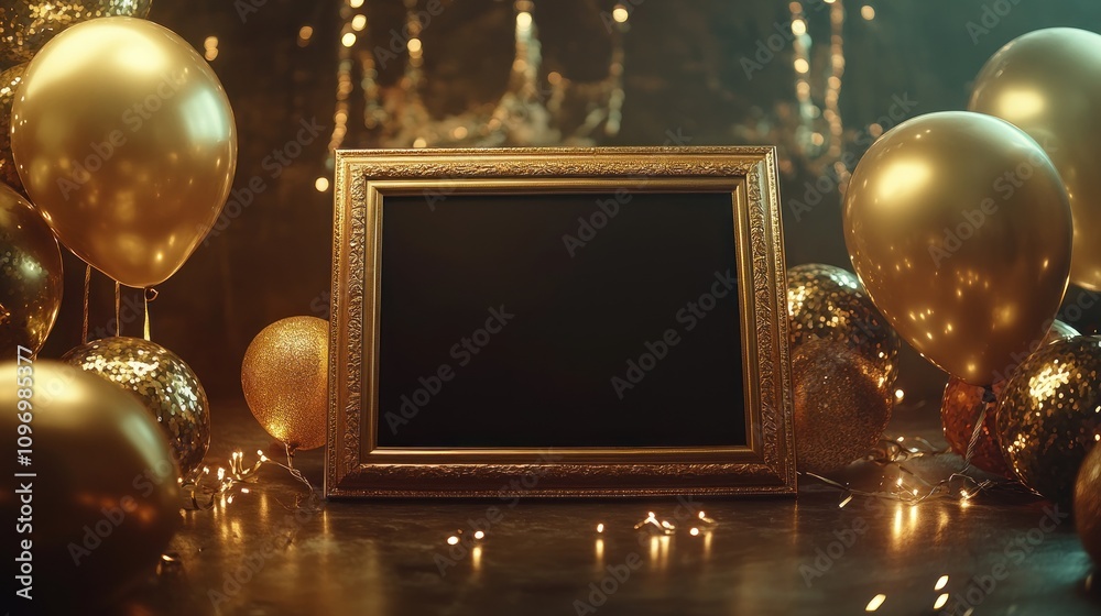 Aufkleber a festive scene featuring an empty ornate frame surrounded by golden balloons and decorations.