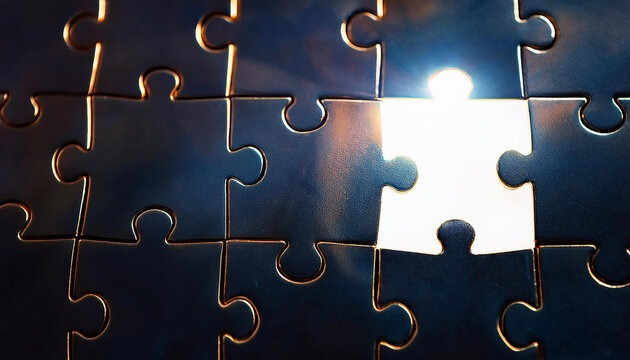 Close up of jigsaw puzzle with missing piece emitting bright light, symbolizing problem solving, solution finding, and innovative thinking
