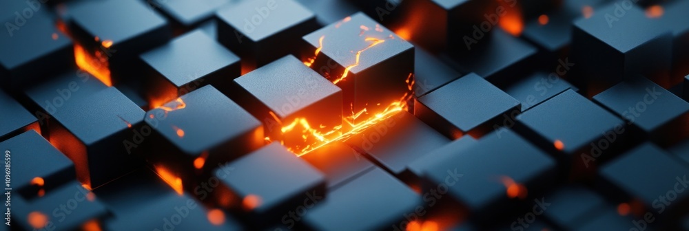 Poster A close-up of black cubes with glowing lava-like cracks, creating a dynamic visual effect.