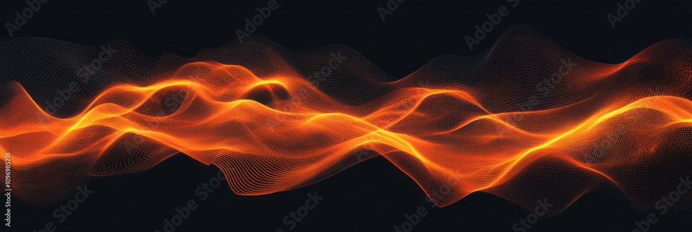 Poster abstract wave pattern in fiery orange tones against a dark background.