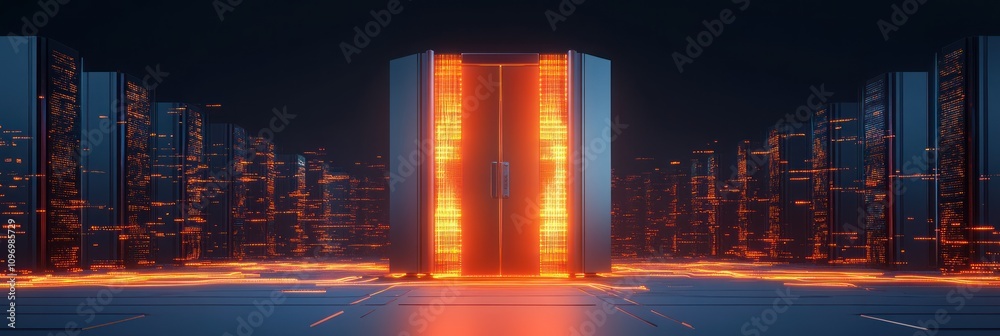Poster A futuristic data center with glowing elements and rows of servers.