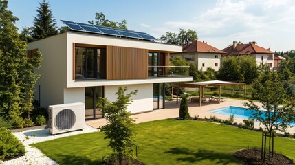 Fototapeta premium Modern house with solar panels and heat pump, embracing sustainable living
