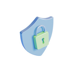 3D blue shield with a green door lock. Symbol of protection and security. Cyber security and privacy. Icon. Vector illustration.
