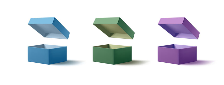 Empty realistic boxes with open lids, 3D. For branding concepts, packaging of goods, products, promotional sales, and offers. Vector illustration.