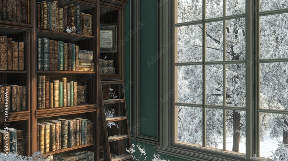 Poster A cozy library scene with snow-covered trees visible through a window.