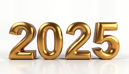 Gold 3D 2025 New Year numbers white backdrop. Festive design element. Perfect for holiday cards invitations. Celebration party banner template. Luxury elegant graphic. Winter season event.