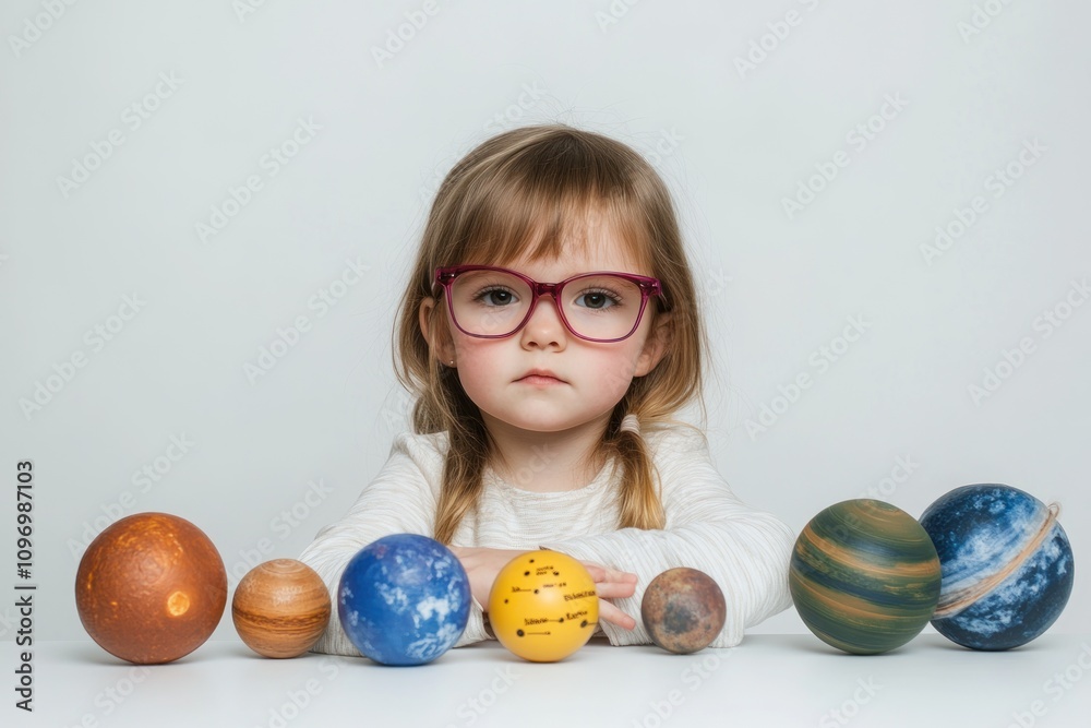 Poster a child with glasses examines model planets on a table, showcasing curiosity about space.
