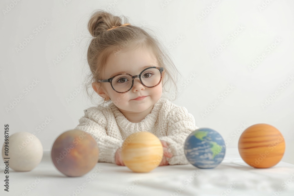 Poster A child with glasses smiles beside colorful planet models on a table.