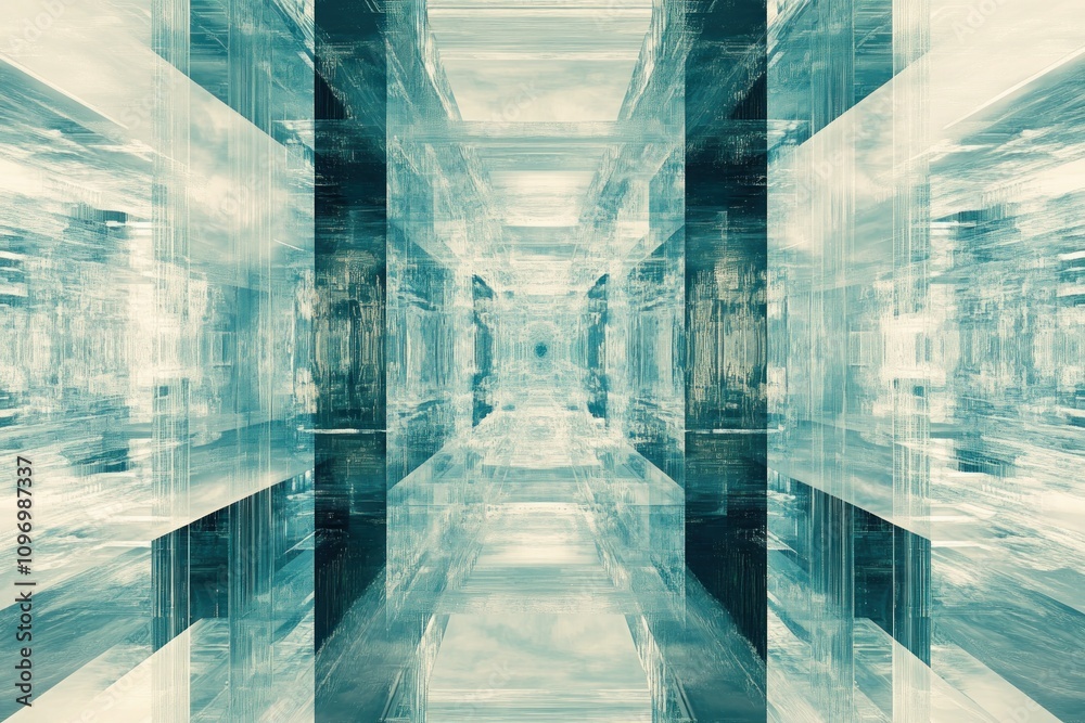 Poster Abstract geometric structure with reflective surfaces creating depth and perspective.