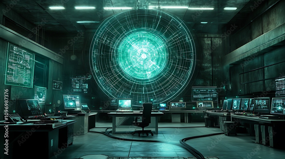 Poster a futuristic physics lab using digital tools to simulate the behavior of particles in a supercollide